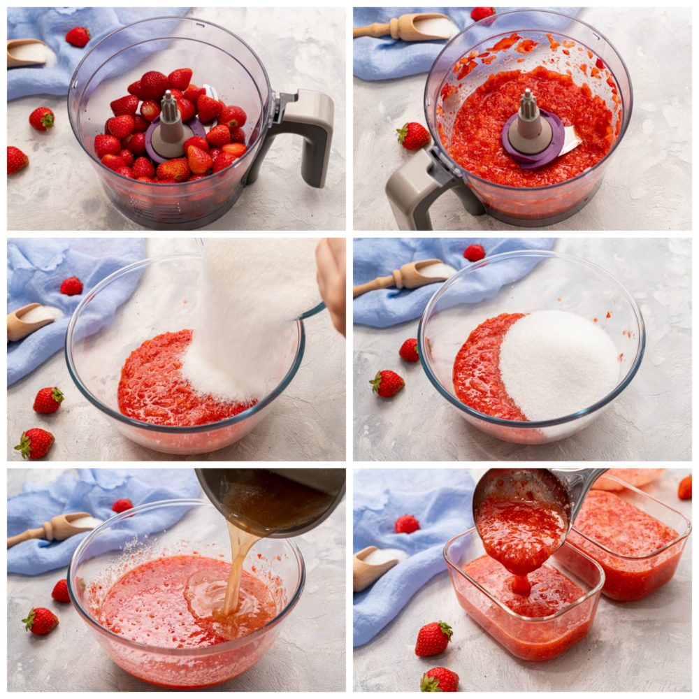 The process of blending strawberry freezer jam. 