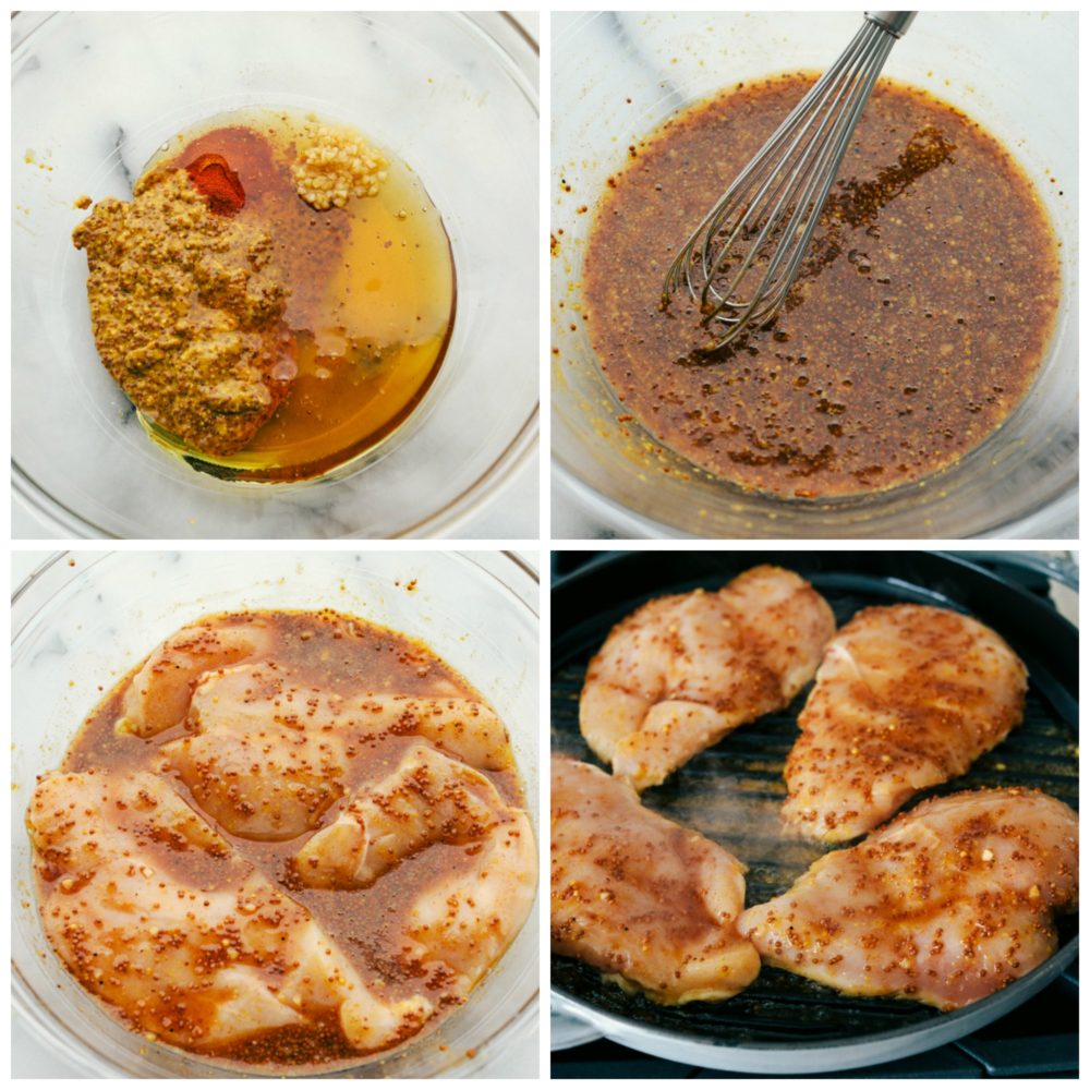 The process of whisking together the marinade then adding in the chicken and grilling it. 