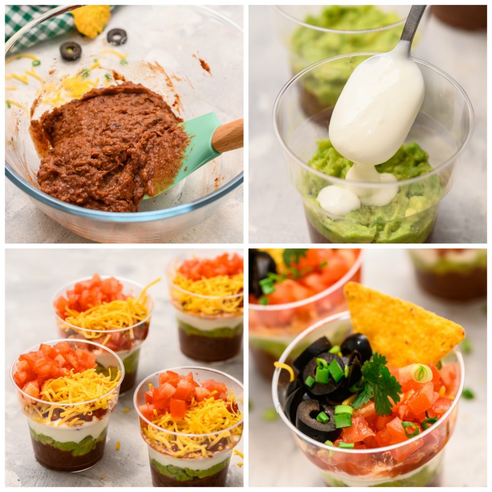 The process of making refried beans, layering the individual cups, then having the cups together the adding the chip on top. 