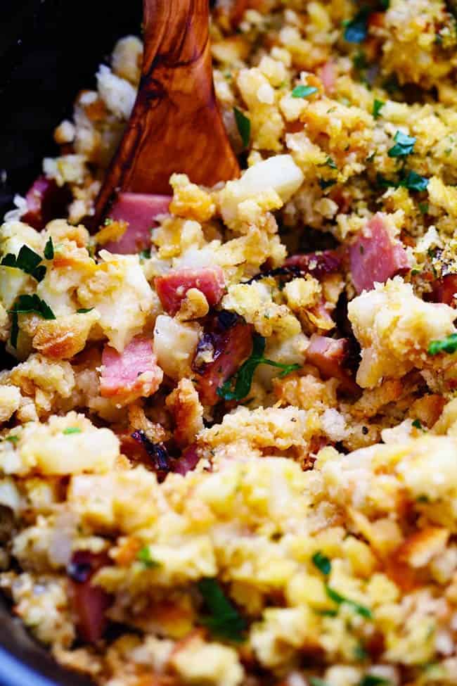 Close up of Slow Cooker Ham and Potato Casserole. 