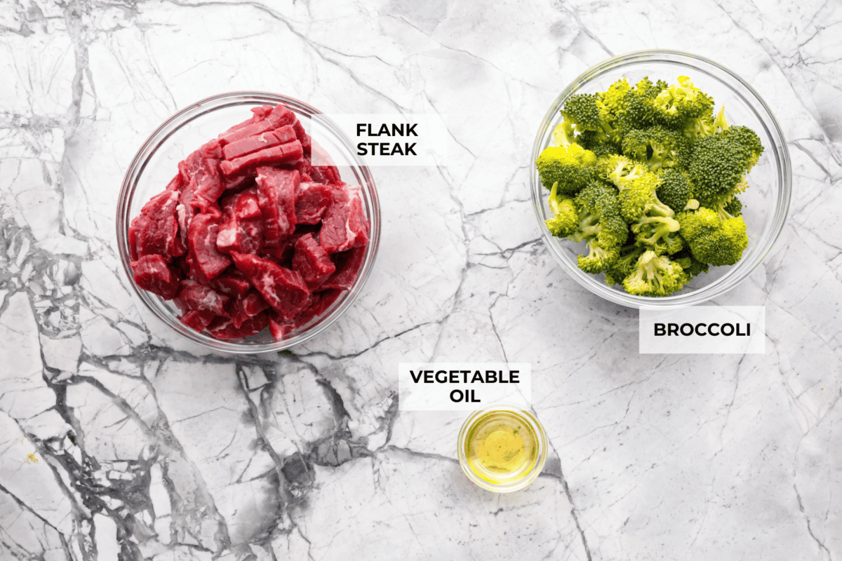 Overhead shot of labeled beef and broccoli ingredients. 