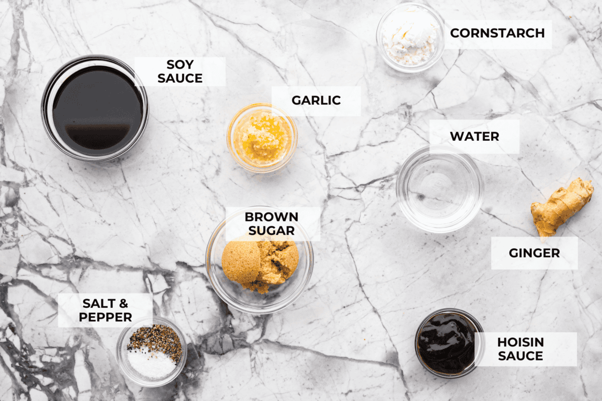 Overhead shot of labeled sauce ingredients. 