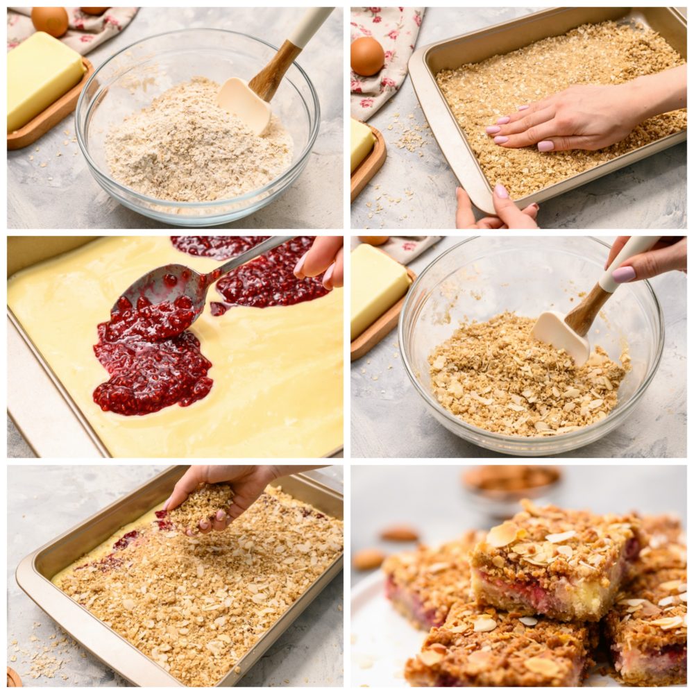 The process of making raspberry cheesecake bars with six steps of photos. 