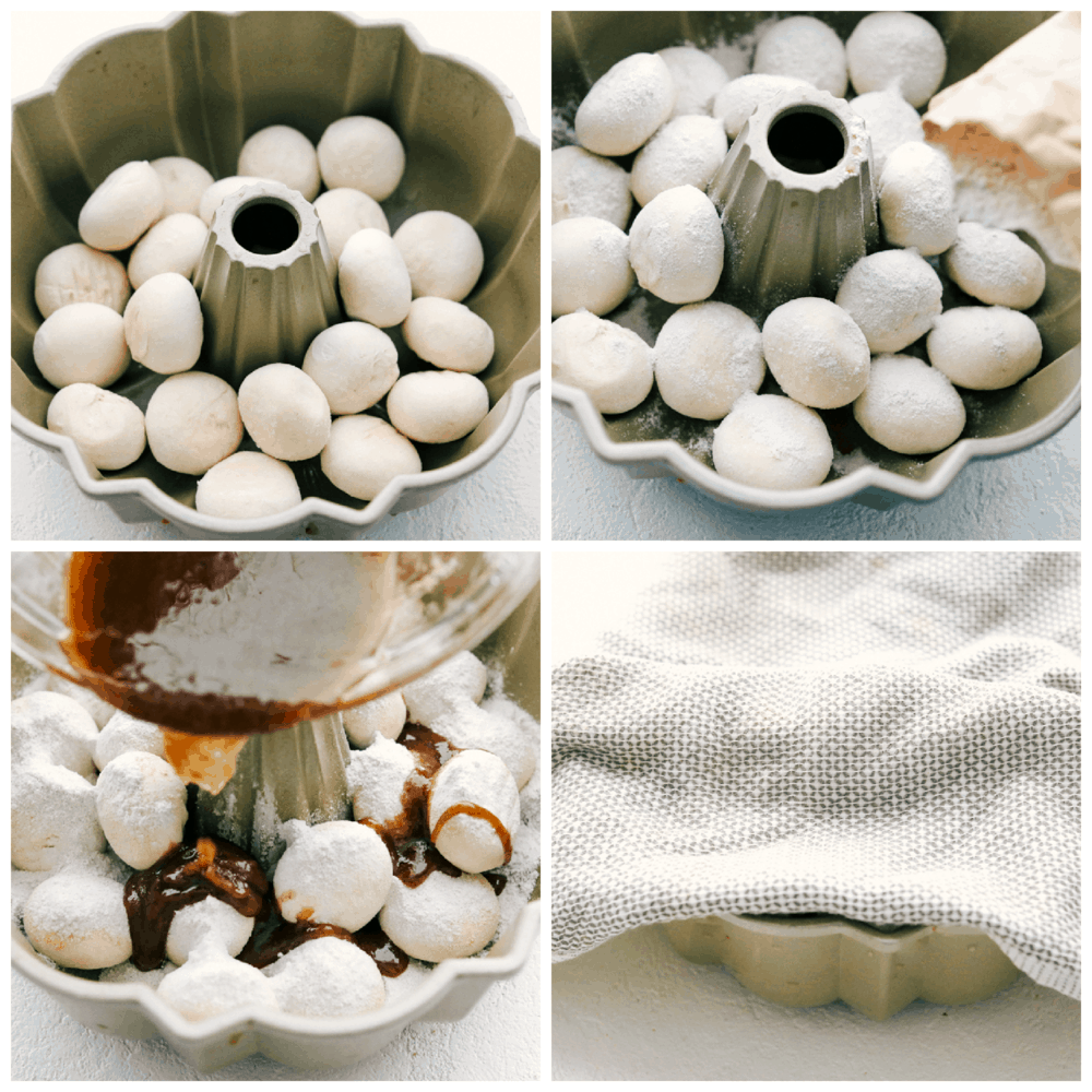 Frozen bread rolls in bundt pan, with dry pudding, and butter mixture being poured over the top. 