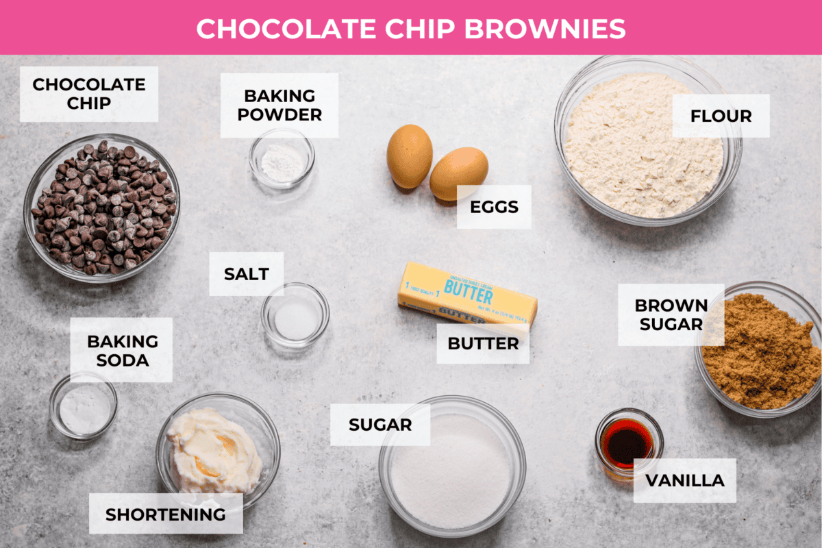 Overhead shot of labeled chocolate chip brownie ingredients. 