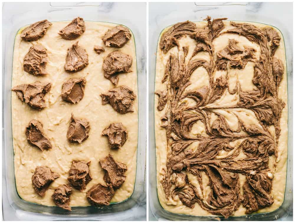 Brown sugar cinnamon mixture being swirled into the dough.