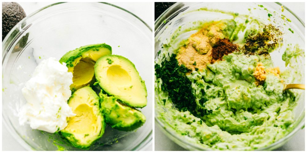 Ripe avocados and Greek Yogurt together making a mashed avocado yogurt dip. 