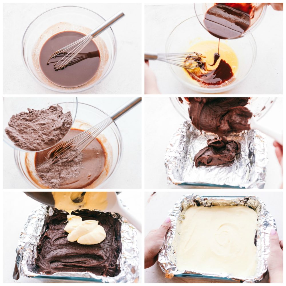 The process of making chocolate cheesecake brownies first melting the chocolate and making the bottom layer then add the cheesecake filling in the middle.