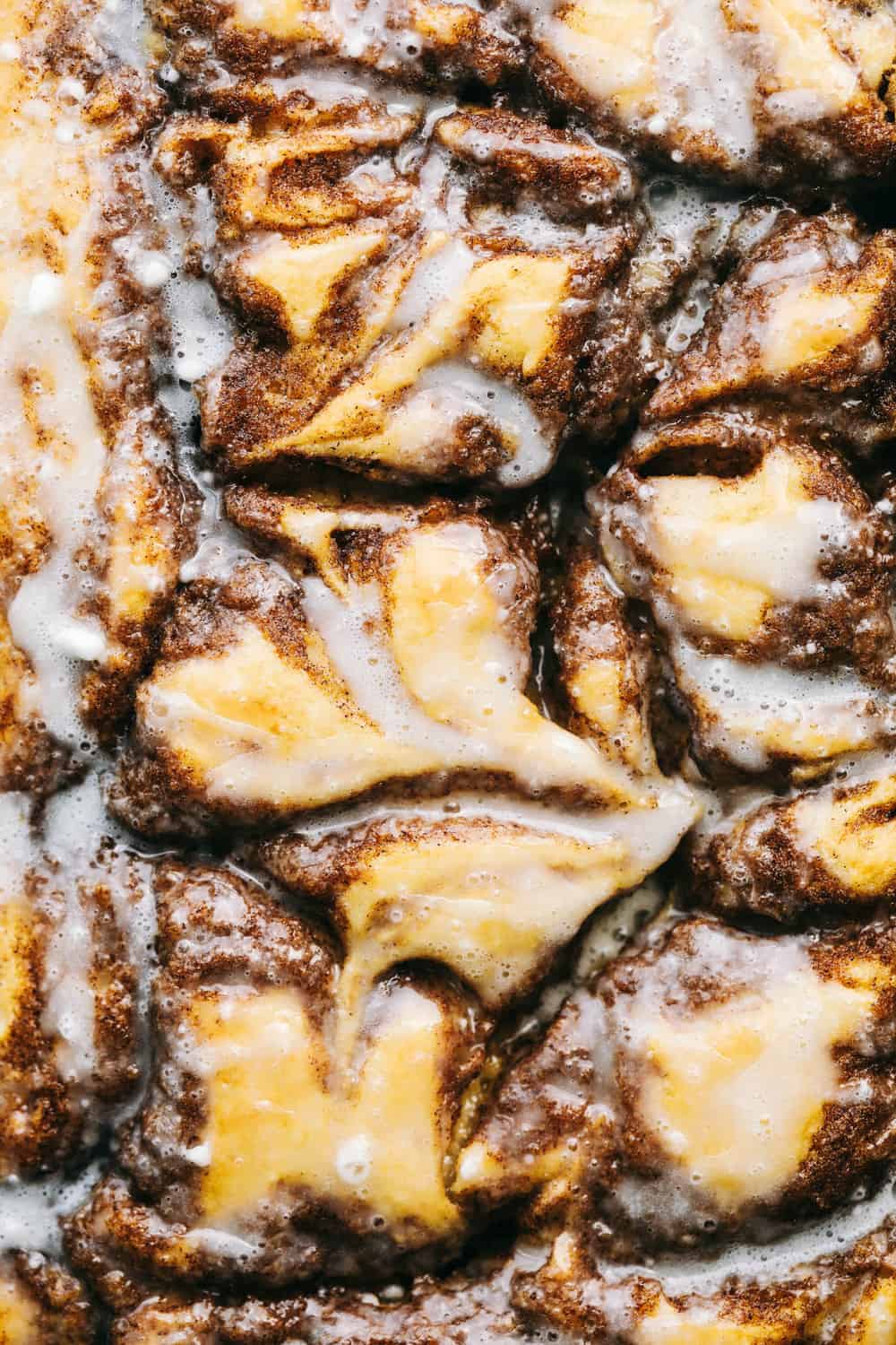 Closeup of cinnamon roll cake.