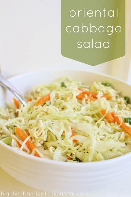 Oriental cabbage salad in a white bowl. 