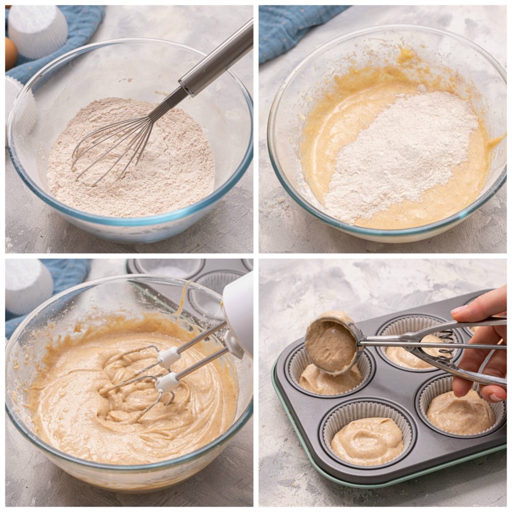 The process of making churro cupcakes. 