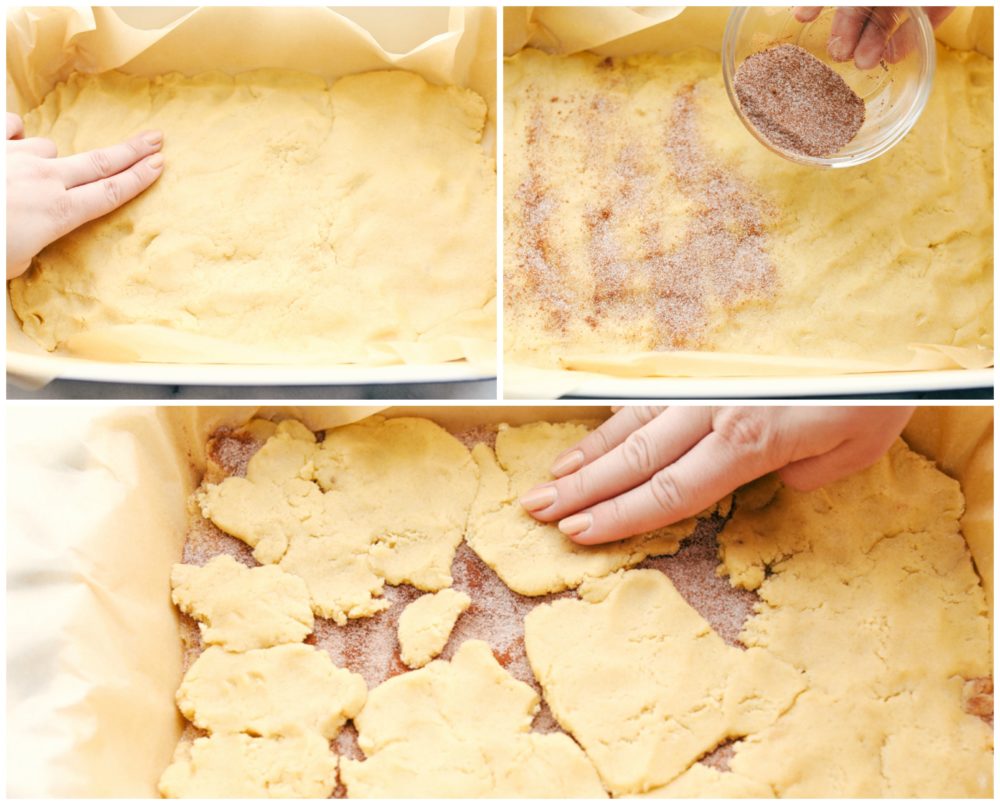 The process of layering the cookie bars with the snickerdoodle cookie dough.