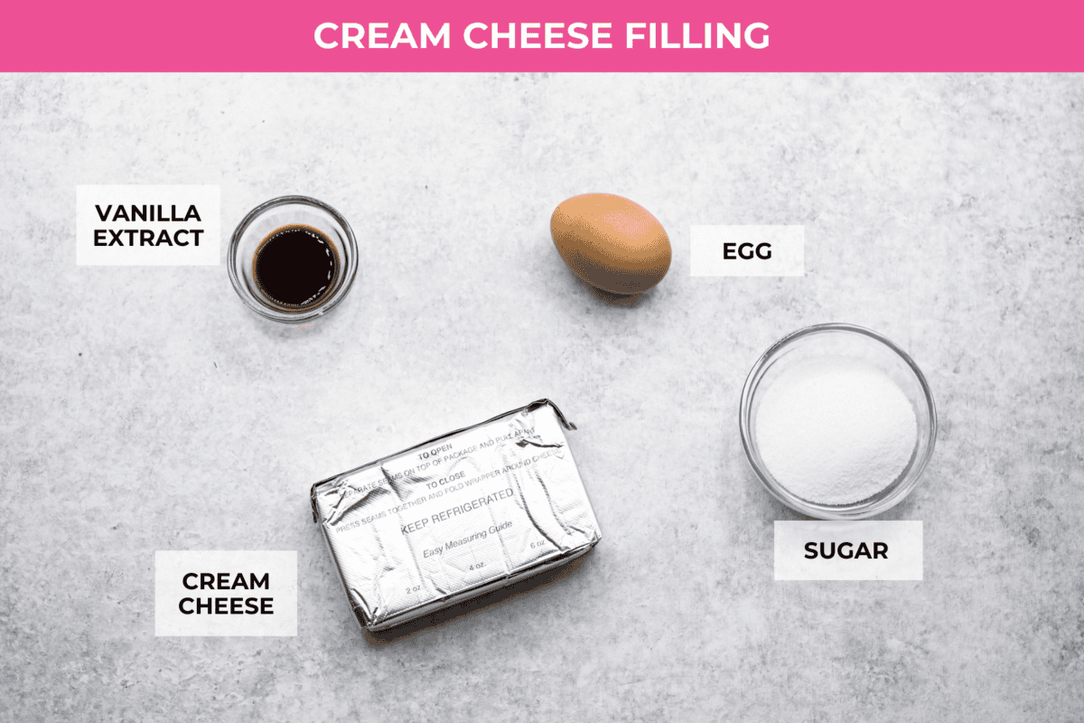 Overhead shot of labeled ingredients for the cream cheese filling. 