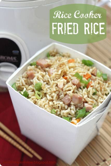 Rice cooker fried rice in a Chinese white box. 