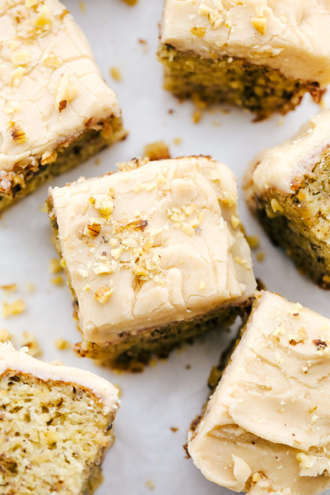 Overhead photo of banana bread bars. 