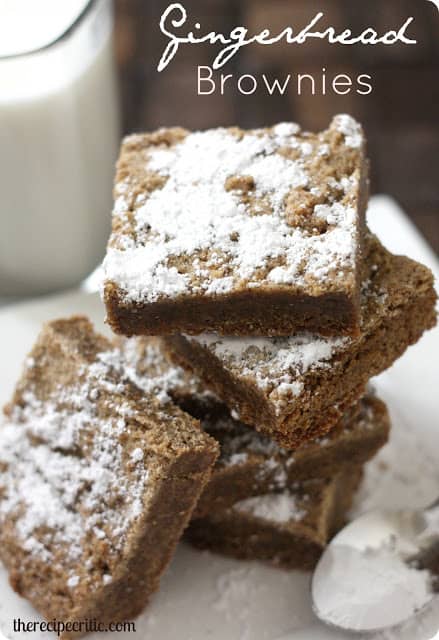 Gingerbread brownies stacked on top of each other. 