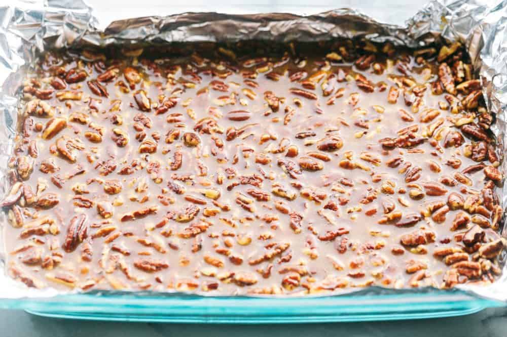 Pecan Pie Bars prior to being cut. 