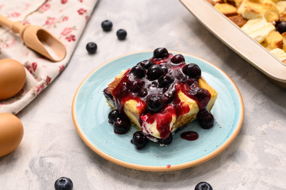 Overnight blueberry breakfast with blueberries overtop. 