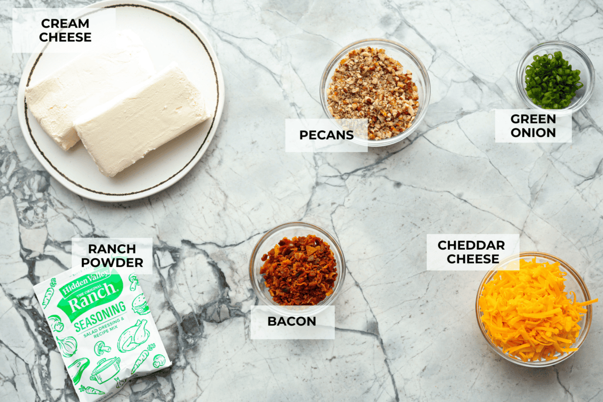 Ingredients labeled to make bacon ranch cheese ball.