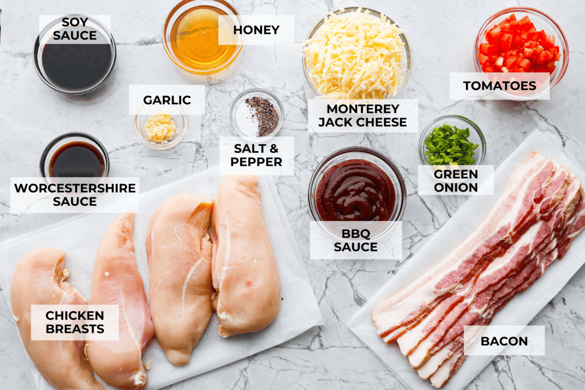 Overhead shot of labeled ingredients. 