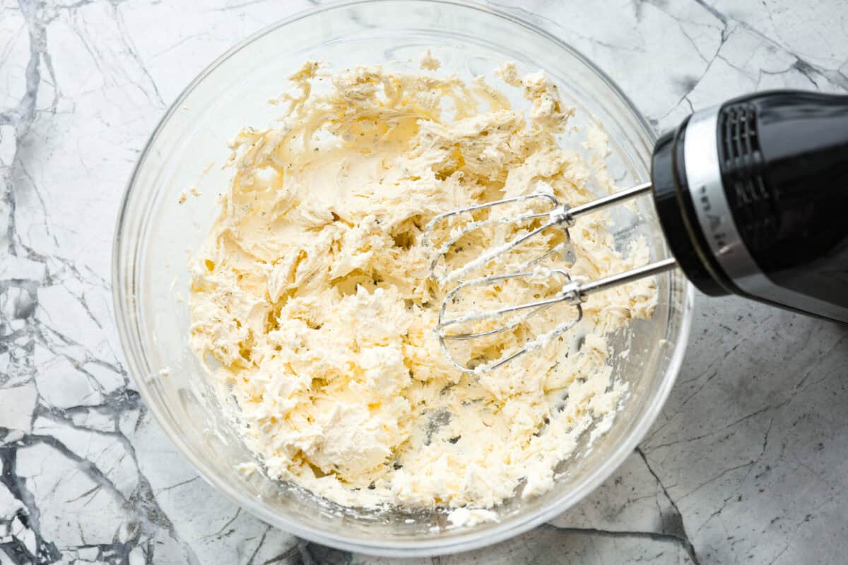 First photo of the cream cheese and ranch seasoning mixed in a bowl.