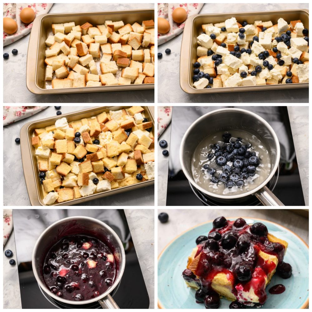 Overnight blueberry process in six photos. One photo showing the pan filled with bread squares, then adding blueberries. Next making a saucepan for the blueberry sauce overtop then ending with it all plated together. 