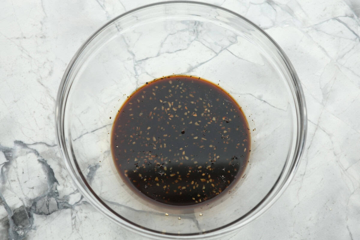 Overhead shot of marinade in a bowl. 