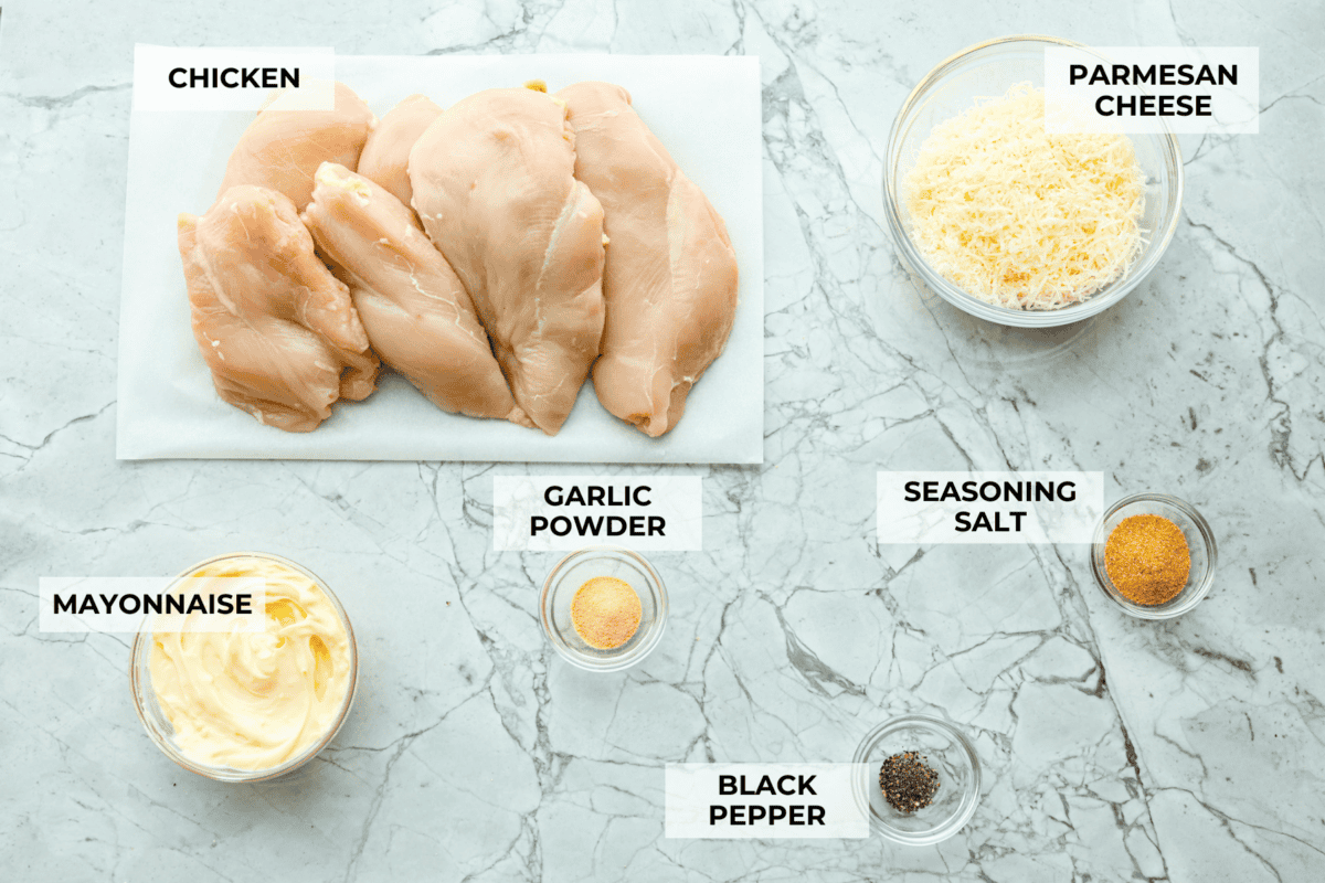 Overhead shot of labeled ingredients. 