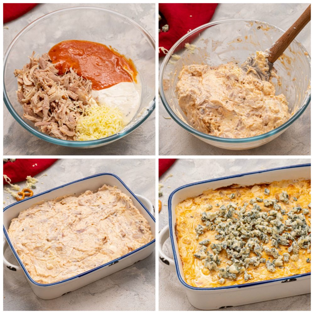 There are four pictures of the steps to make buffalo dip. In the first picture on the top left, there are ingredients, chicken, ranch, hot sauce and cheese in a clear glass bowl. In the second picture on the top right the ingredients have been mixted together with a wooden spoon. In the third picture, the ingredients are in the blue and white baking dish. In the final picture on the bottom right the buffalo dip is cooked and in a blue and white dish and blue cheese is sprinkled on top of the dip.