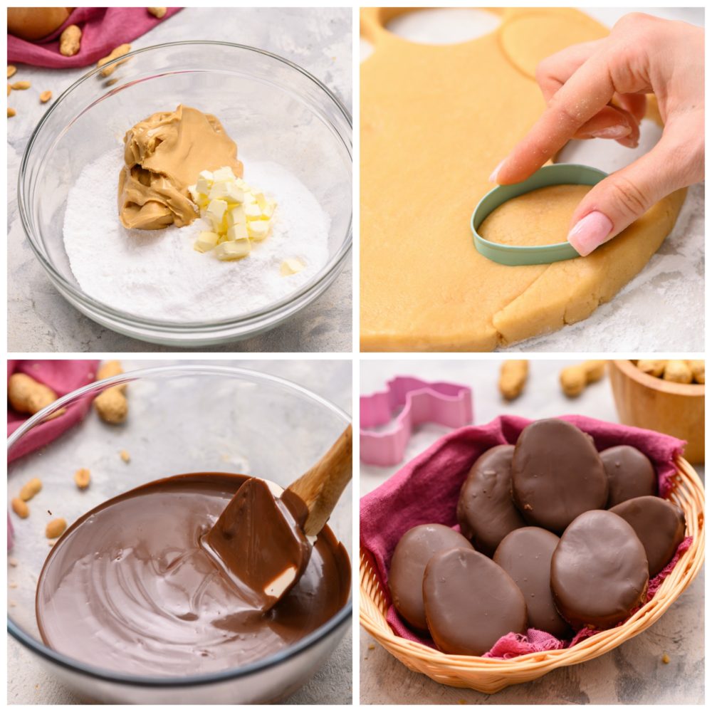 The process of mixing the sugar, butter and peanut butter mixture in a glass bowl then rolled out and cut into egg shapes using a cookie cutter. The bottom lefthand photo is a melted chocolate with a spatula and the bottom righthand photo is a basket full of Reese's eggs. 