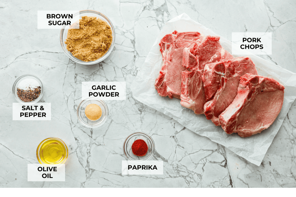 Overhead shot of labeled ingredients. 