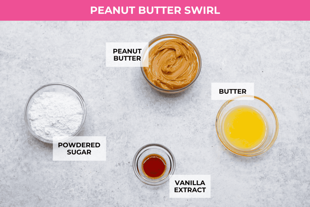 Peanut Butter Swirl Ingredients labeled to make peanut butter brownies.