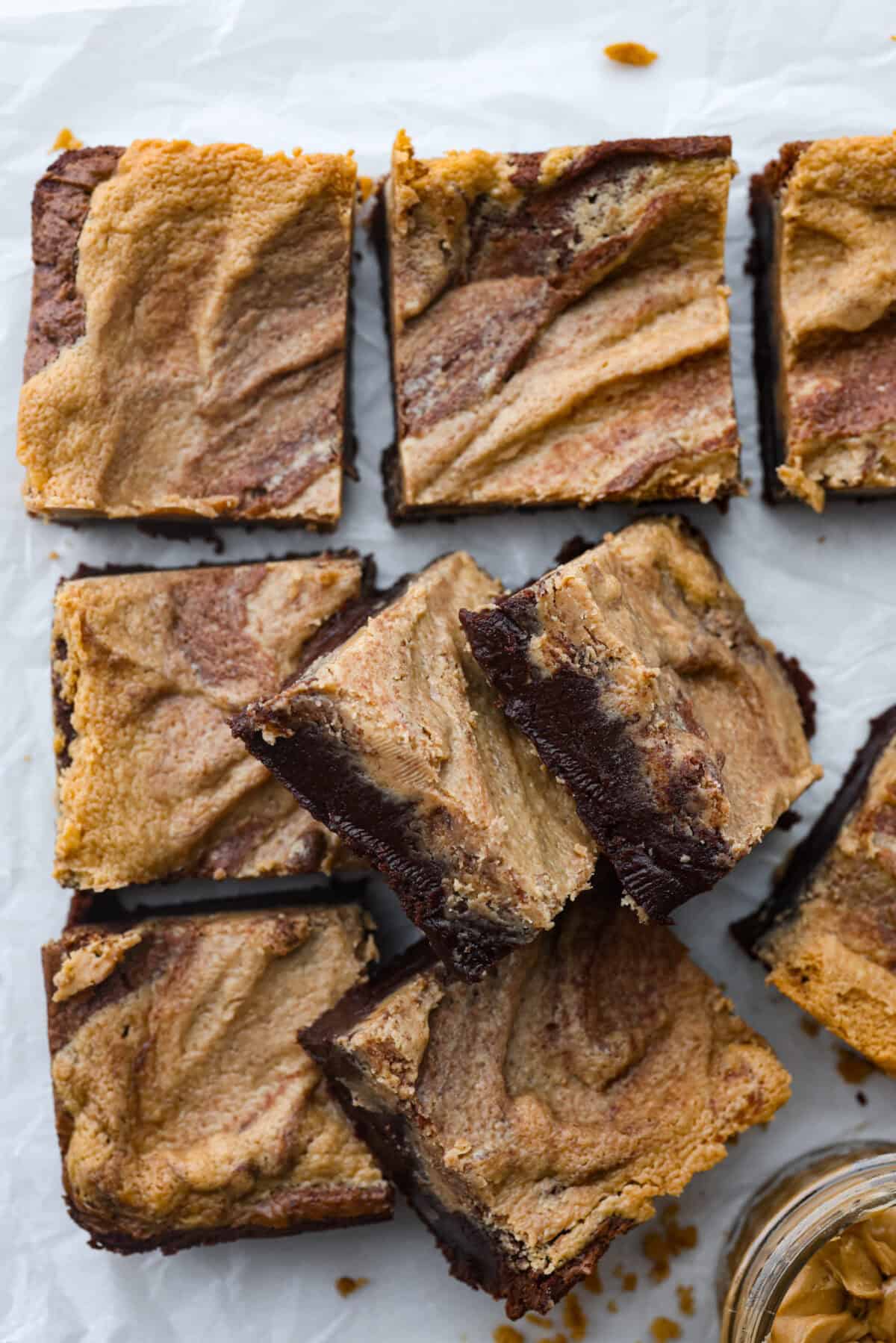 Top view of peanut butter brownies cut into squares.