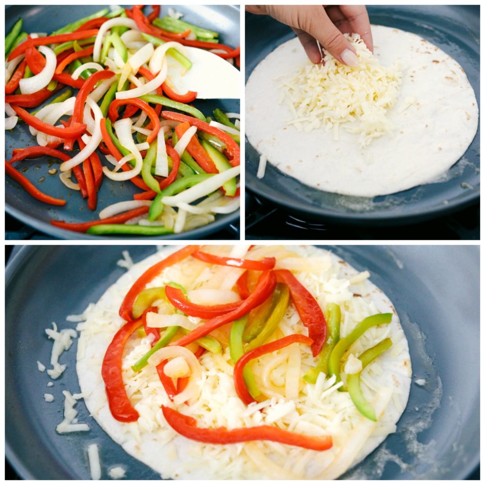 Sauteing vegetables and assembling tortillas and cheese for fajita style quesadillas. 