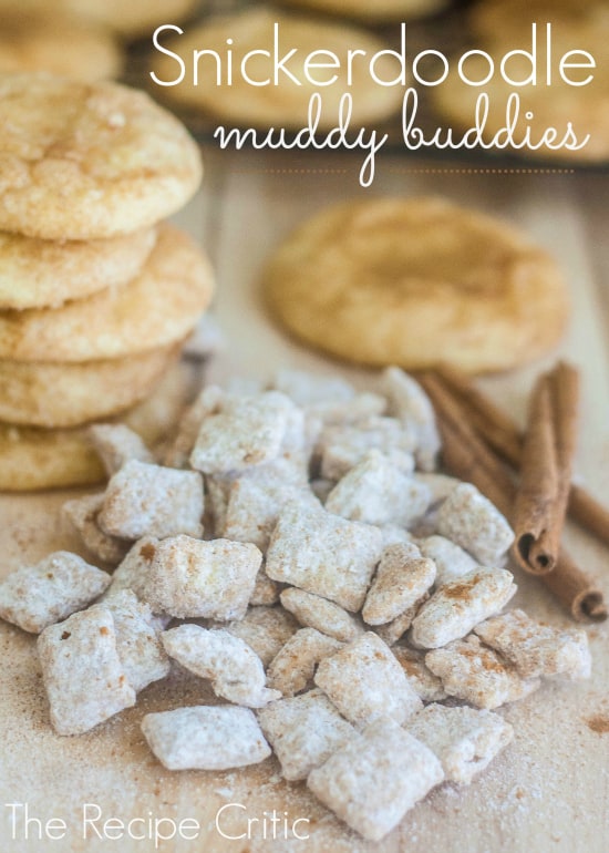 Snickerdoodle muddy buddies in a pile beside snickerdoodle cookies and cinnamon sticks.