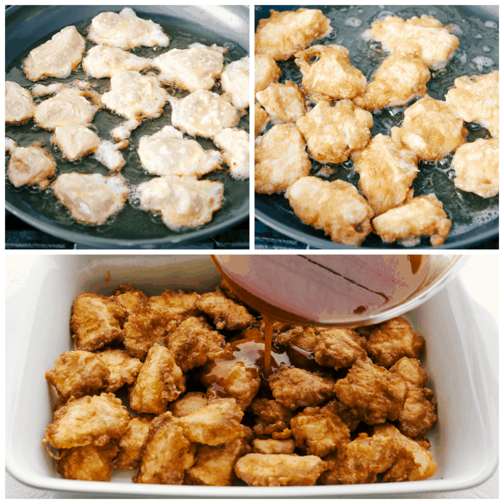 Frying the coating on Baked Sweet and Sour Chicken then adding it to a baking dish.