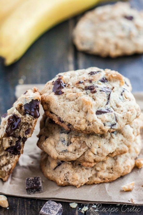 Stack of banana walnut chocolate chunk cookies.