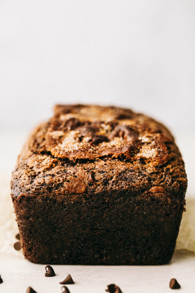 Chocolate zucchini bread with chocolate chips scattered on bottom. 