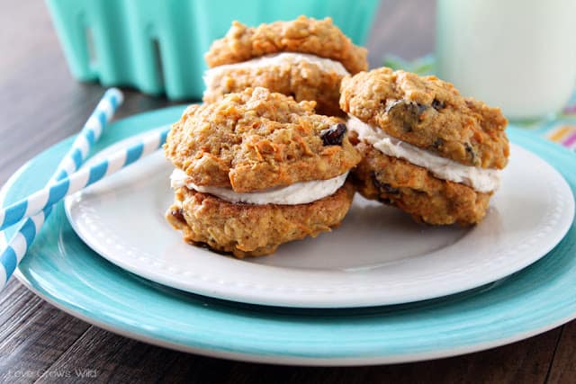 Oatmeal Raisin Breakfast Cookie Sandwiches on a white plate by Love Grows Wild for The Recipe Critic