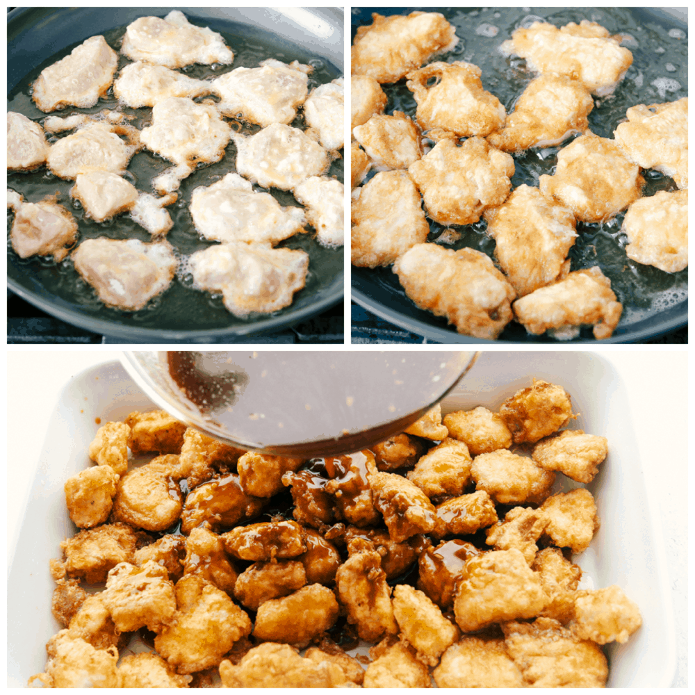 Flash frying chicken in a pan then pour sauce over it in a 9x13 pan. 