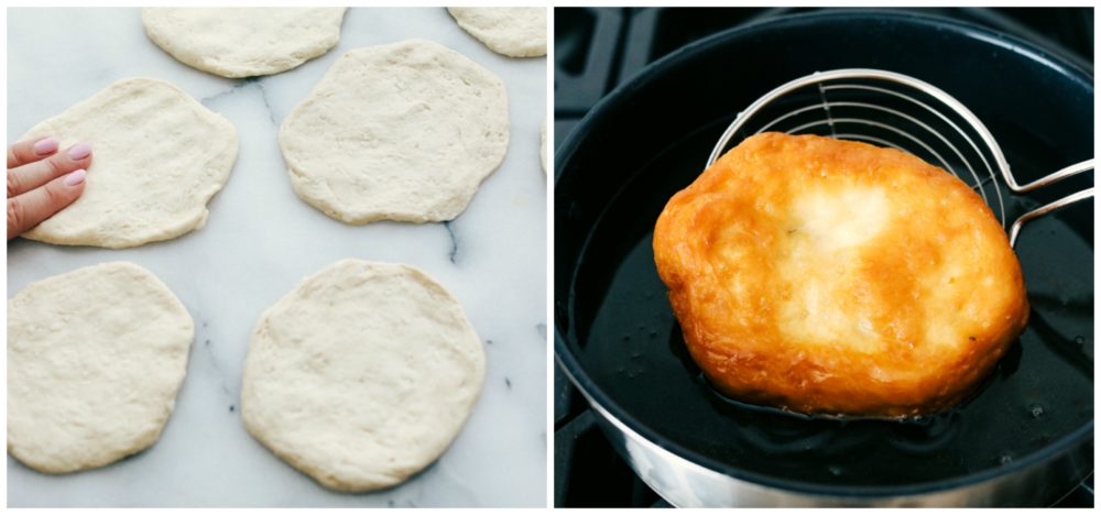 Pillsbury biscuits being flattened and fried in oil. 