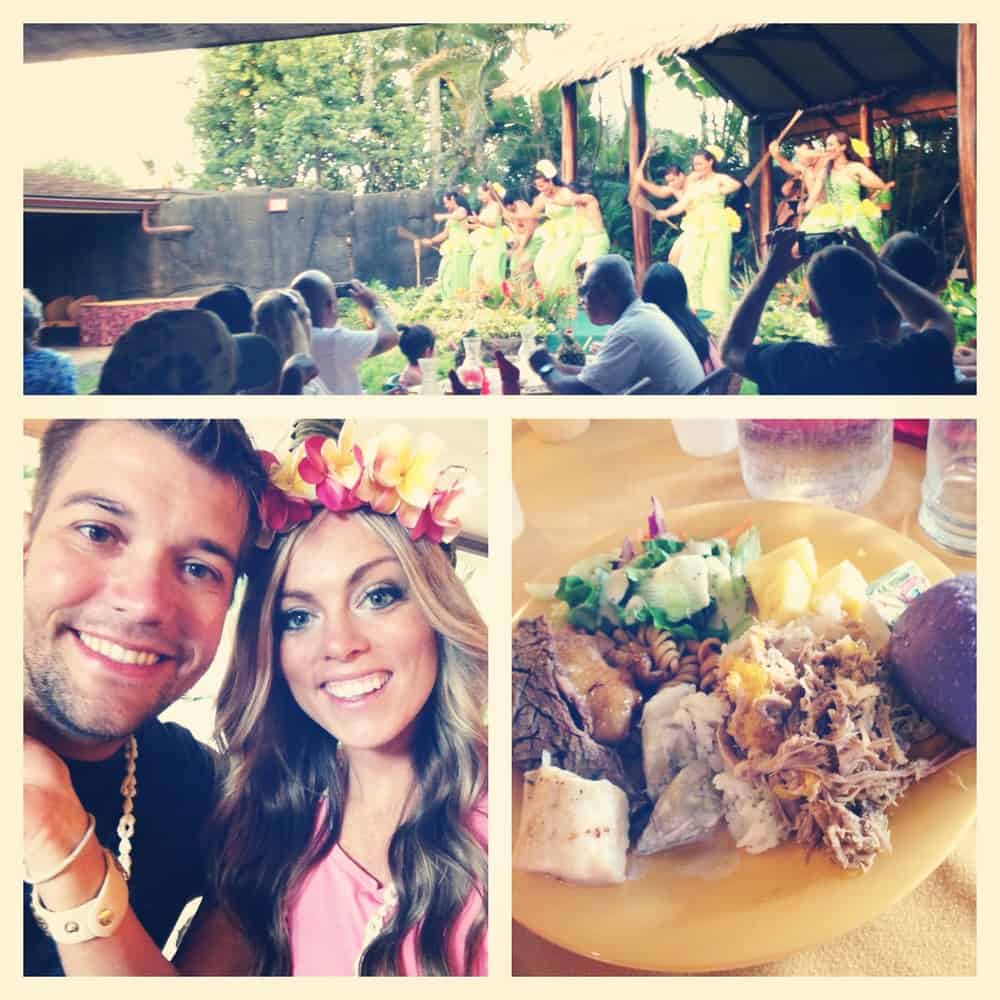 Pic collage of a Luau in Hawaii, dancing, smiling, great food!