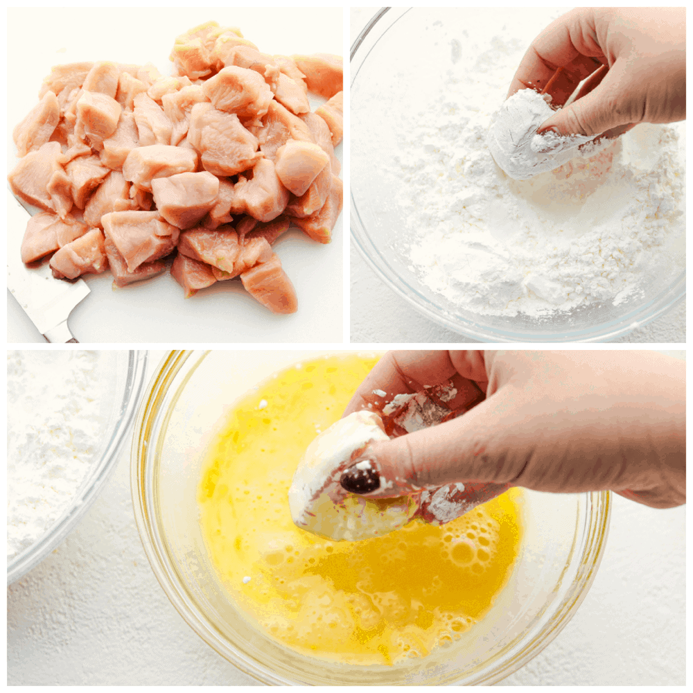 Cut up chicken, breading it and dipping it in egg mixture. 