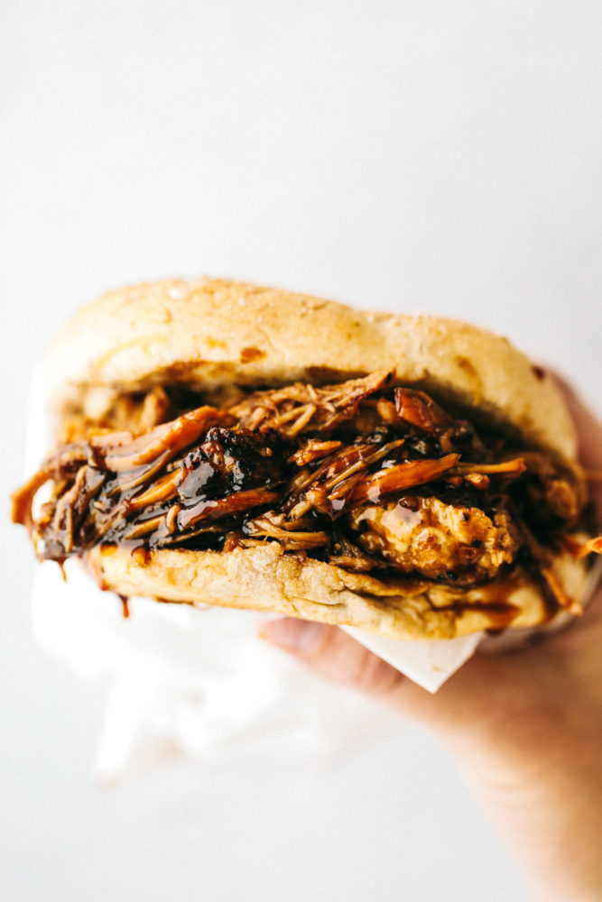 Brown sugar balsamic glazed pork in a bun. 