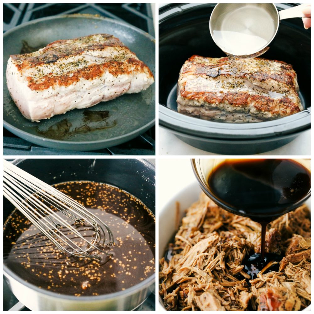 The process of cooking pork and slow cooking it. 