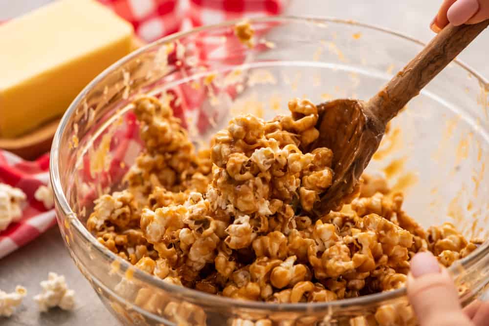 Amazing salted caramel popcorn in bowl 