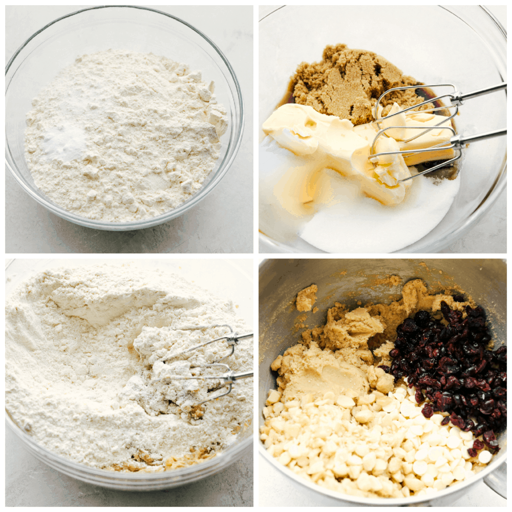 The ingredients and mixing of White chocolate cranberry Macadamia cookies.