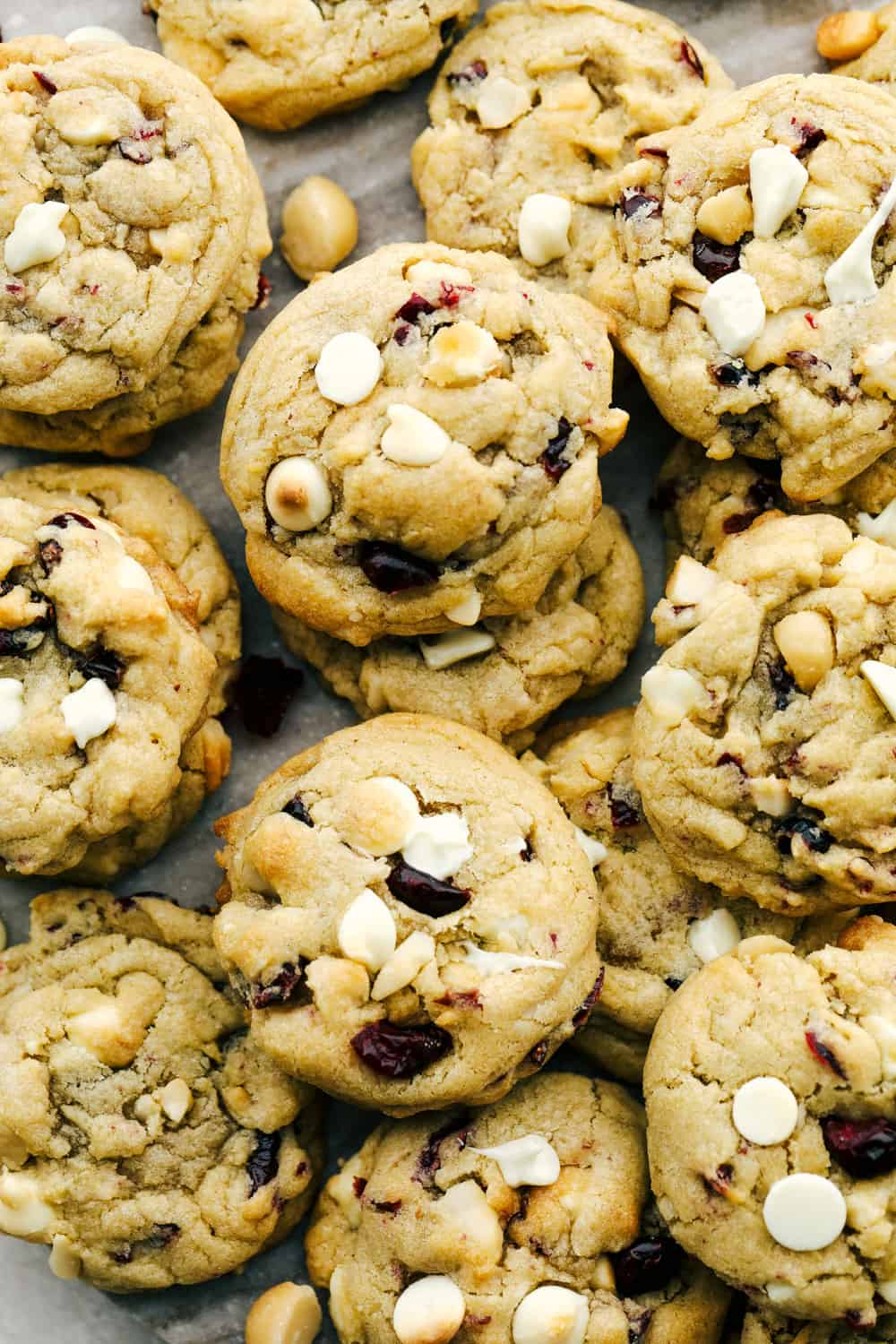 Soft, chewy, White Chocolate Cranberry Macadamia Cookies.