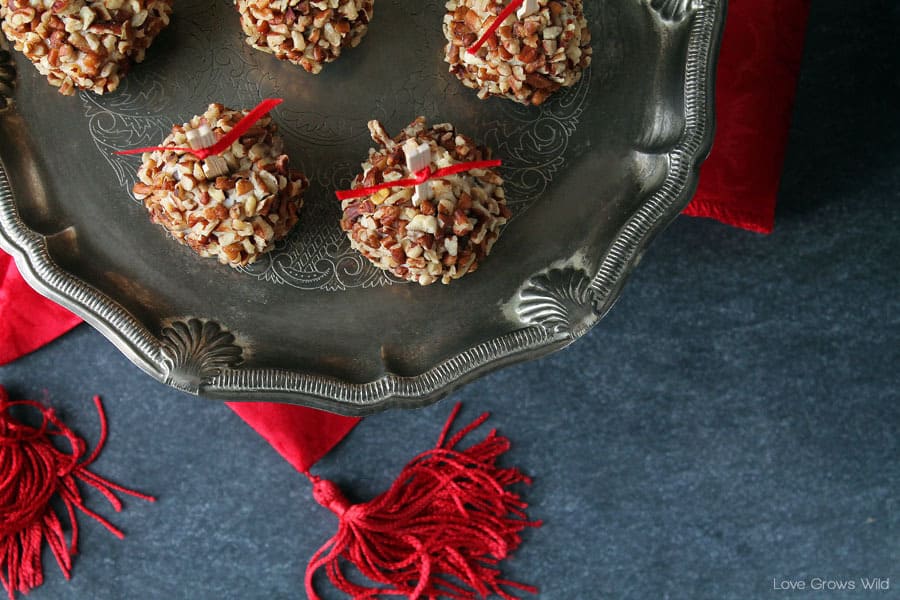 Mini Toffee Chocolate Chip Cheese Balls on a serving tray.