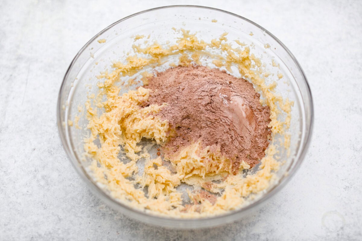 Overhead shot of flour and cocoa mixture with the wet ingredients. 